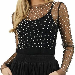 Sheer Mesh Pearl Long Sleeve Blouse